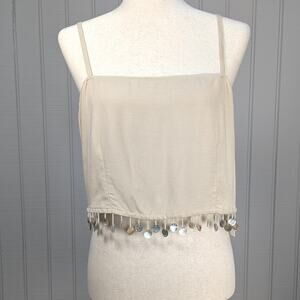 NWT Jason Wu Beige Boho Mother of Pearl Beaded Fringe Rayon Linen Crop Top Sz 10